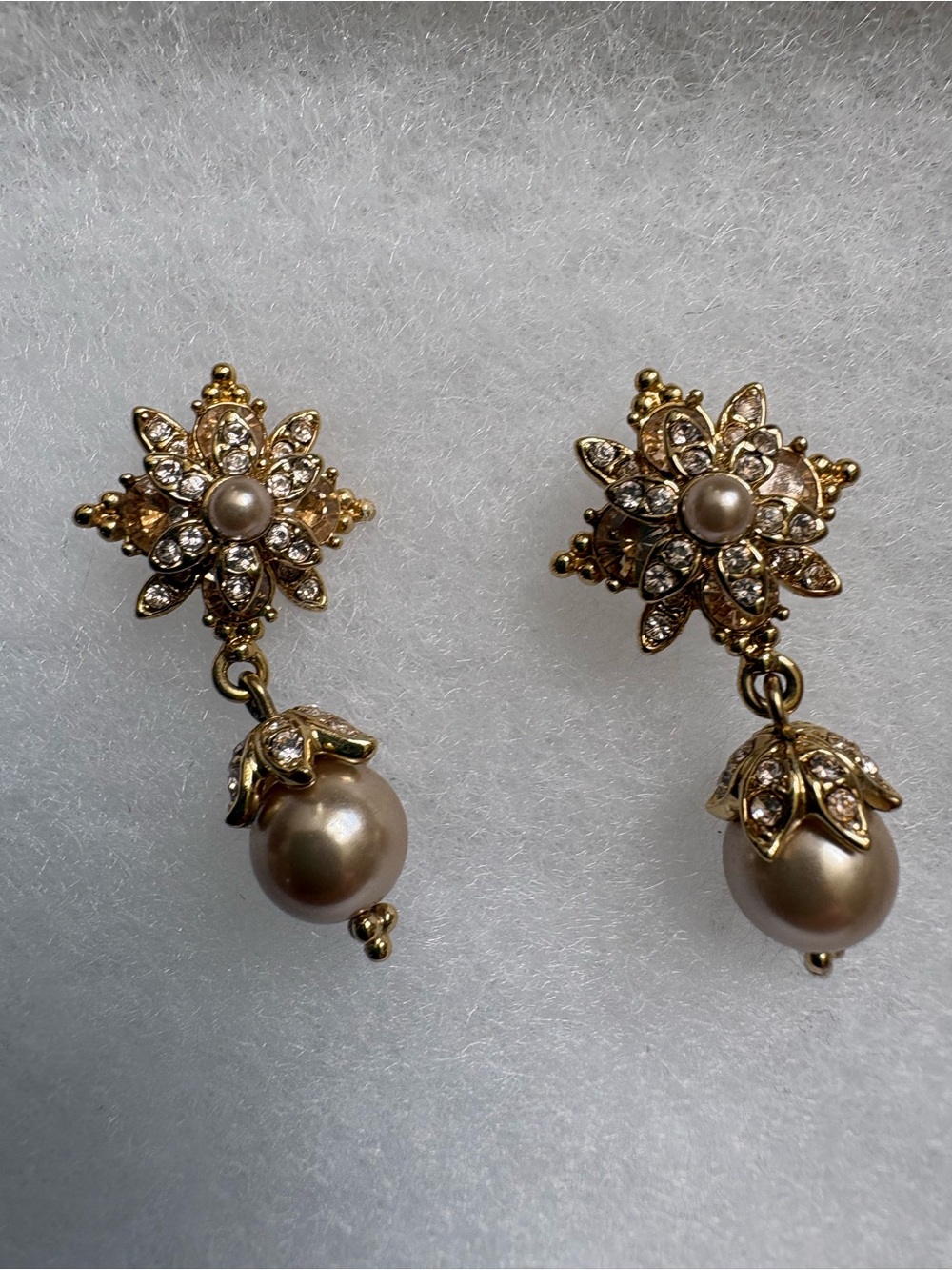 Marchesa Gold Crystal Flower Drop Earrings with Champagne Pearls